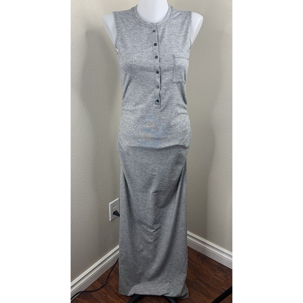 Athleta Microstripe Henley Gray Ruched Maxi Dress Stretchy Side Slit Sleeveless